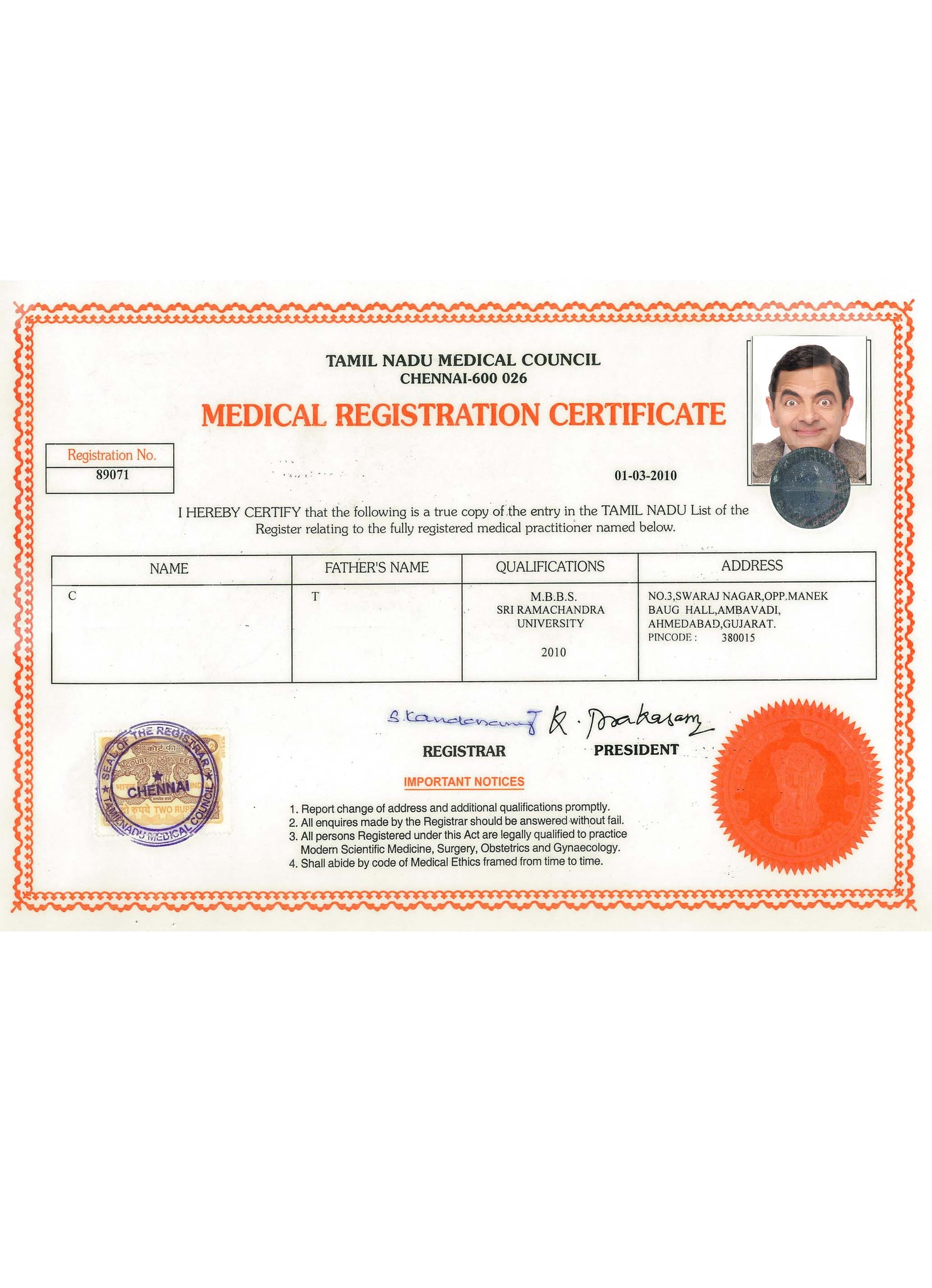 India Tamil Nadu registration certificate